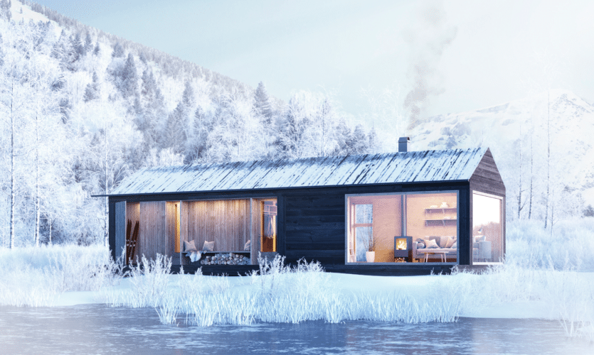 Animerad bild av huset Vinter 50 i vackert vinterlandskap med is på sjön och snötäckt mark.